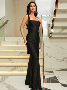 Missord Tie Backless Split Thigh Formal Dress - Black - View 7