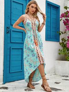 Floral Print Lace Up Front High Low Hem Cami Dress - Mint Blue - View 3