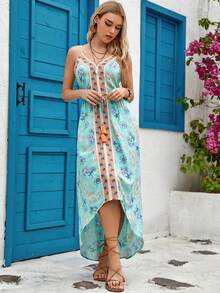 Floral Print Lace Up Front High Low Hem Cami Dress - Mint Blue - View 5