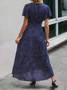 Polka Dot Print Belted Dress - Navy Blue - View 2