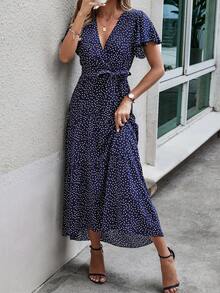 Polka Dot Print Belted Dress - Navy Blue - View 5