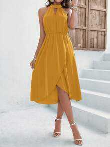 SHEIN VCAY Keyhole Neckline Wrap Hem Dress - Yellow - View 1