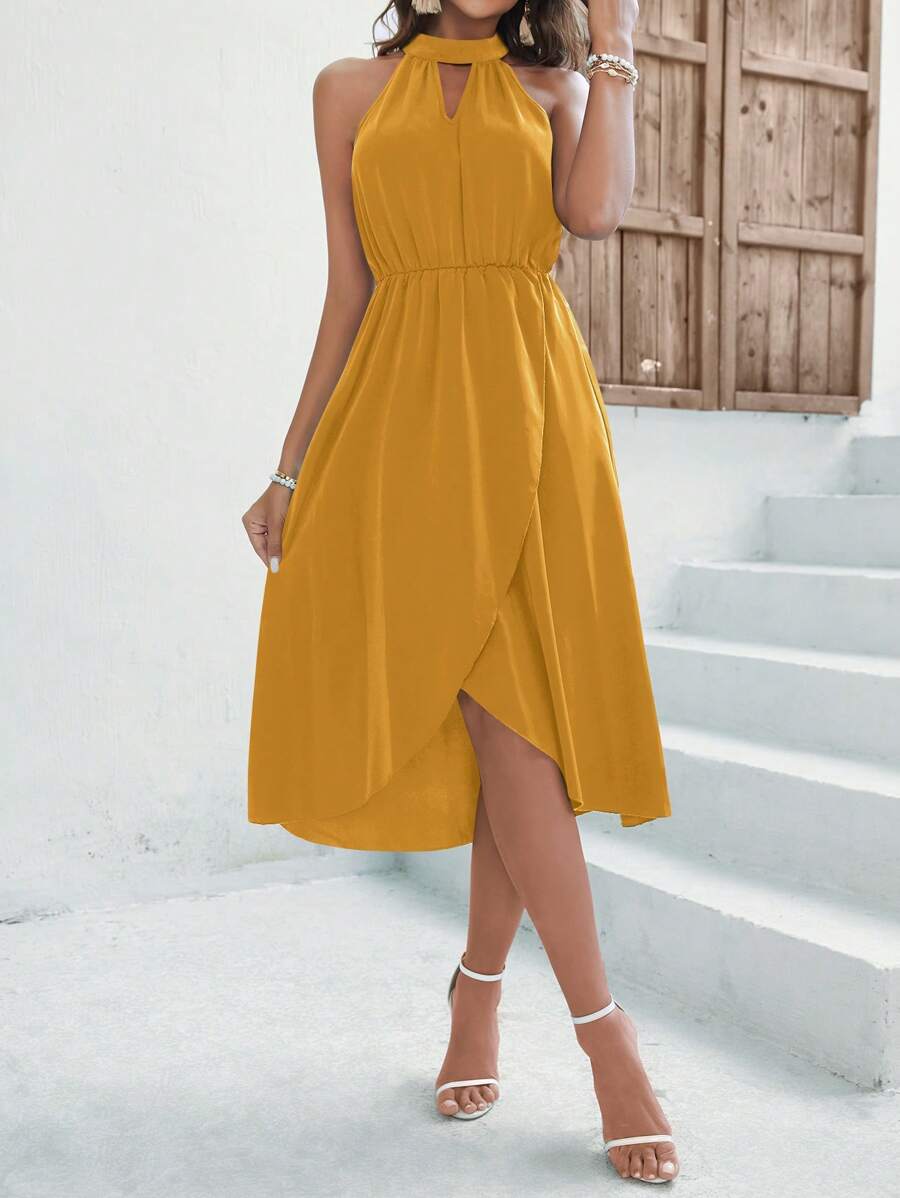SHEIN VCAY Keyhole Neckline Wrap Hem Dress - Yellow - View 1