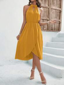 SHEIN VCAY Keyhole Neckline Wrap Hem Dress - Yellow - View 3