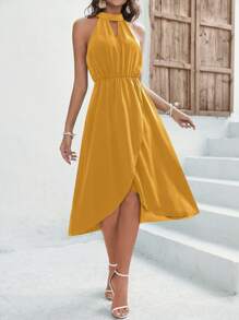 SHEIN VCAY Keyhole Neckline Wrap Hem Dress - Yellow - View 4