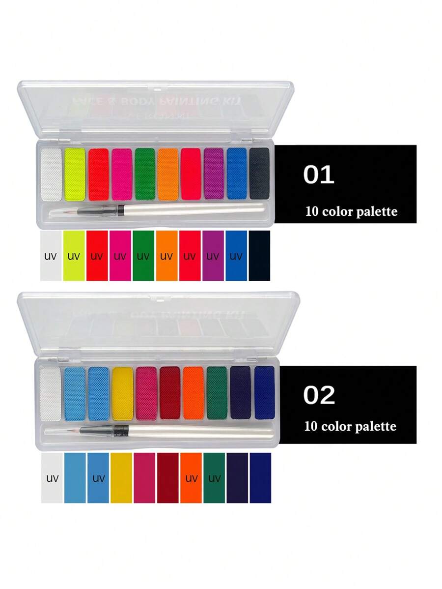 VERONNI 10 色水激活眼线笔调色板，带细眼线刷套装，UV 发光霓虹面部身体彩绘套装，适合万圣节化妆派对化装舞会美容化妆，适合音乐节 - 黑色 - 查看 1