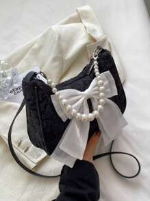 人造珍珠串珠流浪包蝴蝶结装饰纹理拉链时尚，是送给她的完美情人节礼物，女士蝴蝶结钱包，最佳情人节礼物选择