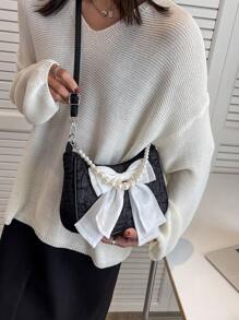 人造珍珠串珠流浪包蝴蝶结装饰纹理拉链时尚，是送给她的完美情人节礼物，女士蝴蝶结钱包，最佳情人节礼物选择