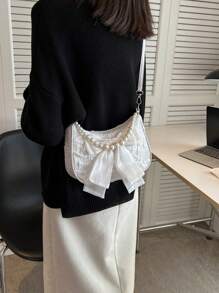 珍珠串珠流浪包蝴蝶結裝飾紋理質感拉鍊時尚 - 白色 - 查看 4