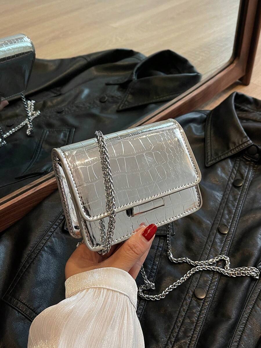 Mini Square Bag Crocodile Embossed Flap Chain Funky PU Metallic - Silver - View 1