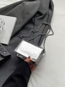 Mini Square Bag Crocodile Embossed Flap Chain Funky PU Metallic - Silver - View 5
