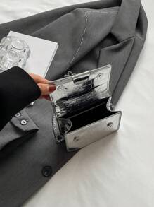 Mini Square Bag Crocodile Embossed Flap Chain Funky PU Metallic - Silver - View 7