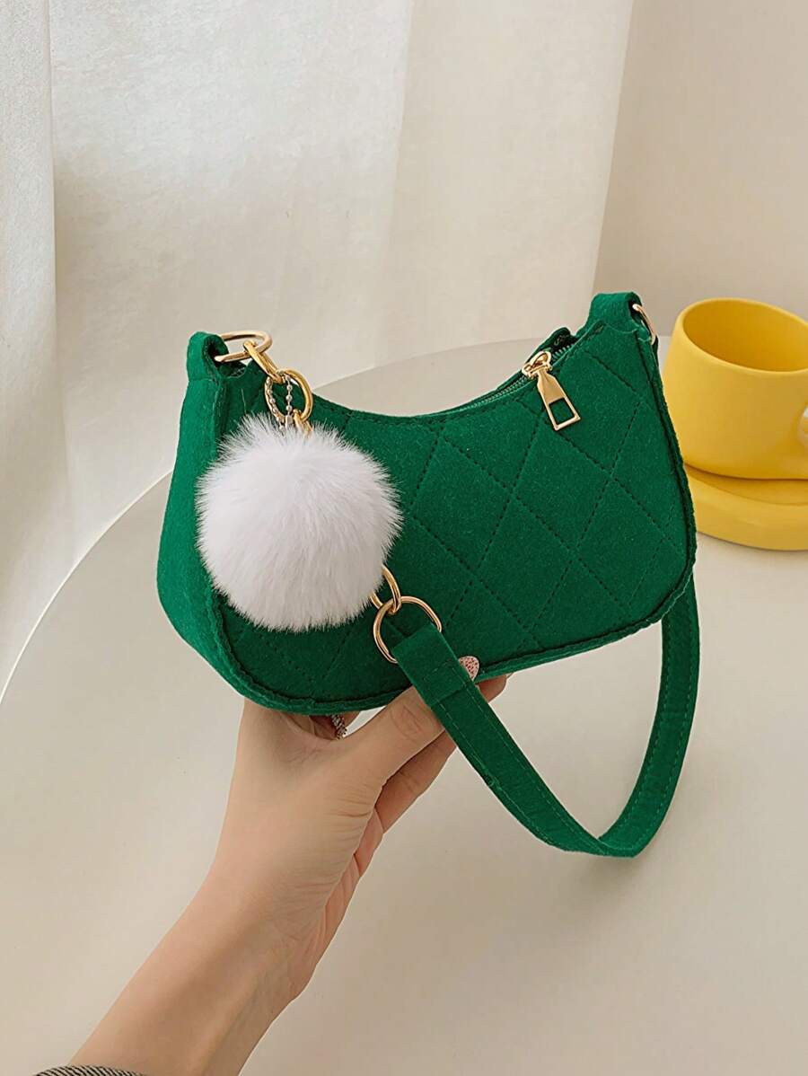 迷你流浪包針腳細節帶絨球墜飾拉鍊時尚 - 綠色 - 查看 1