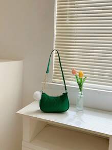 迷你流浪包針腳細節帶絨球墜飾拉鍊時尚 - 綠色 - 查看 2