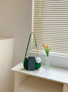 迷你流浪包針腳細節帶絨球墜飾拉鍊時尚 - 綠色 - 查看 5