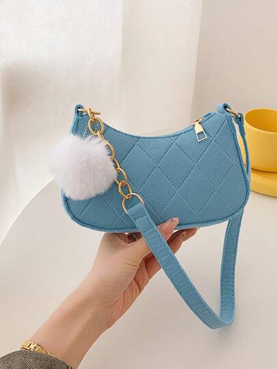 迷你流浪包針腳細節帶絨球墜飾拉鍊時尚