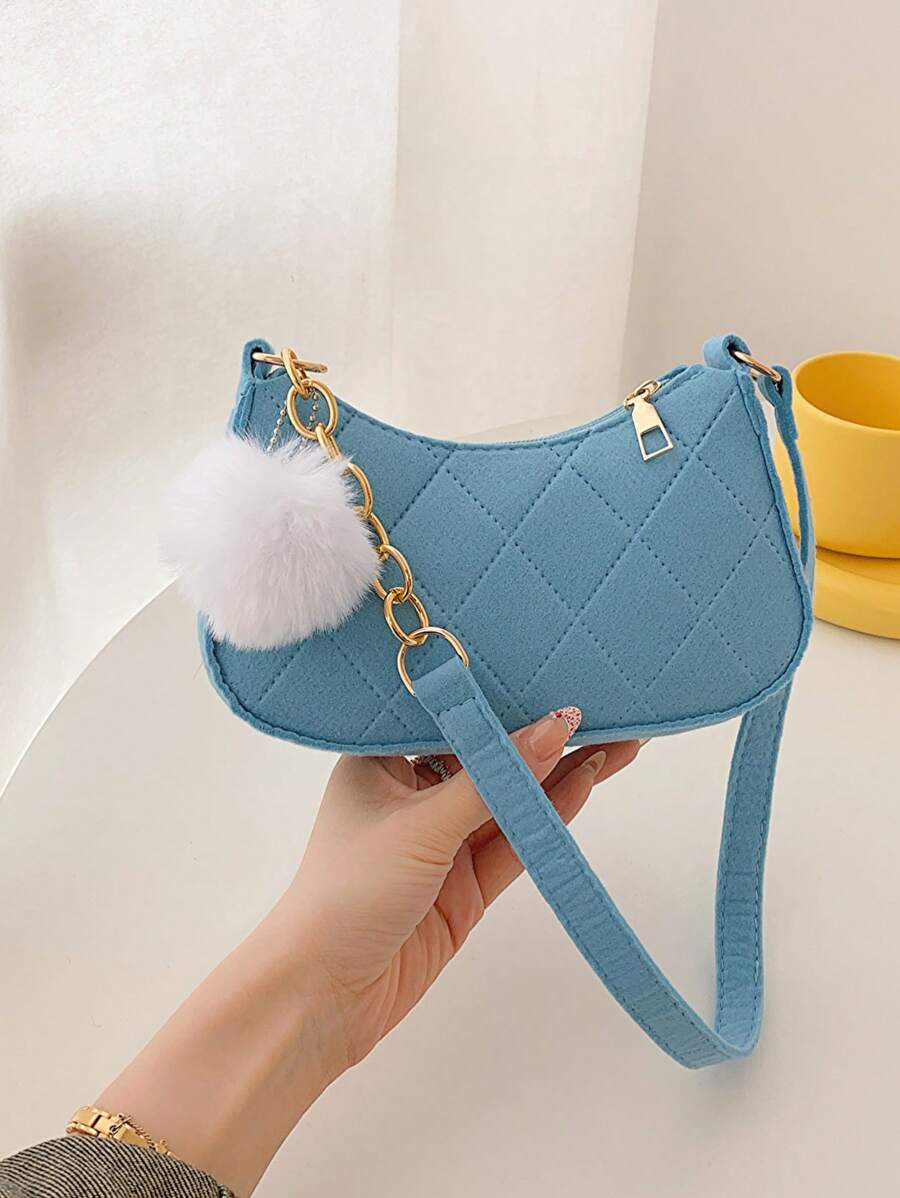 迷你流浪包針腳細節帶絨球墜飾拉鍊時尚 - 藍色 - 查看 1