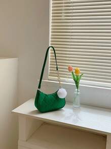 迷你流浪包針腳細節帶絨球墜飾拉鍊時尚 - 綠色 - 查看 6