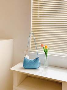 迷你流浪包針腳細節帶絨球墜飾拉鍊時尚 - 藍色 - 查看 2