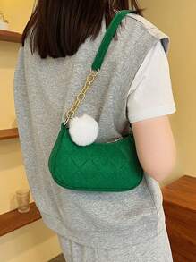 迷你流浪包針腳細節帶絨球墜飾拉鍊時尚 - 綠色 - 查看 7