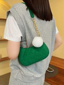 迷你流浪包針腳細節帶絨球墜飾拉鍊時尚 - 綠色 - 查看 8
