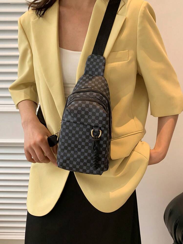 Bolso bandolera mini trébol patrón cremallera con tira ajustable elegante PU - Negro - Añade 1