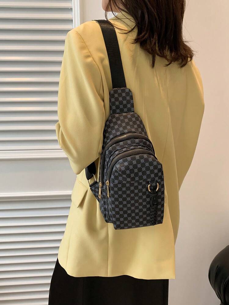 Bolso bandolera mini trébol patrón cremallera con tira ajustable elegante PU - Negro - Añade 2