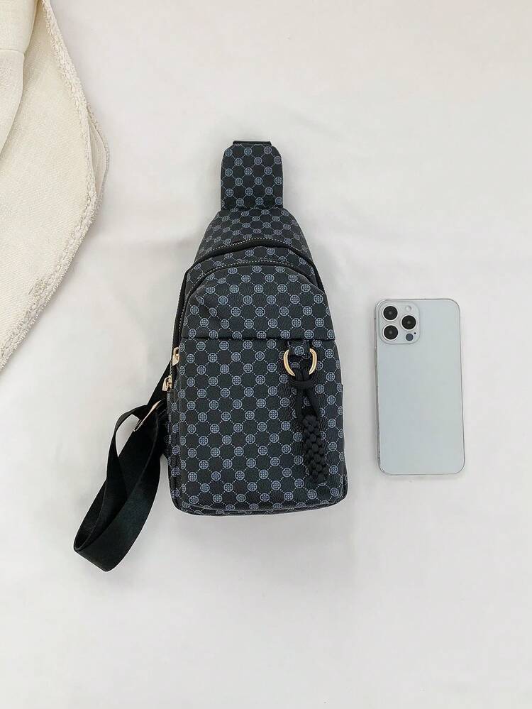 Bolso bandolera mini trébol patrón cremallera con tira ajustable elegante PU - Negro - Añade 3