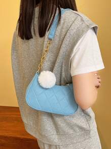 迷你流浪包針腳細節帶絨球墜飾拉鍊時尚 - 藍色 - 查看 8