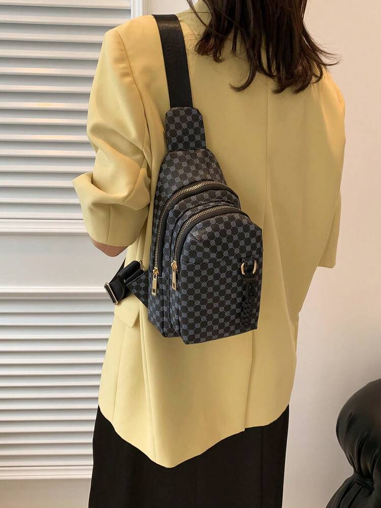 Bolso bandolera mini trébol patrón cremallera con tira ajustable elegante PU - Negro - Añade 4