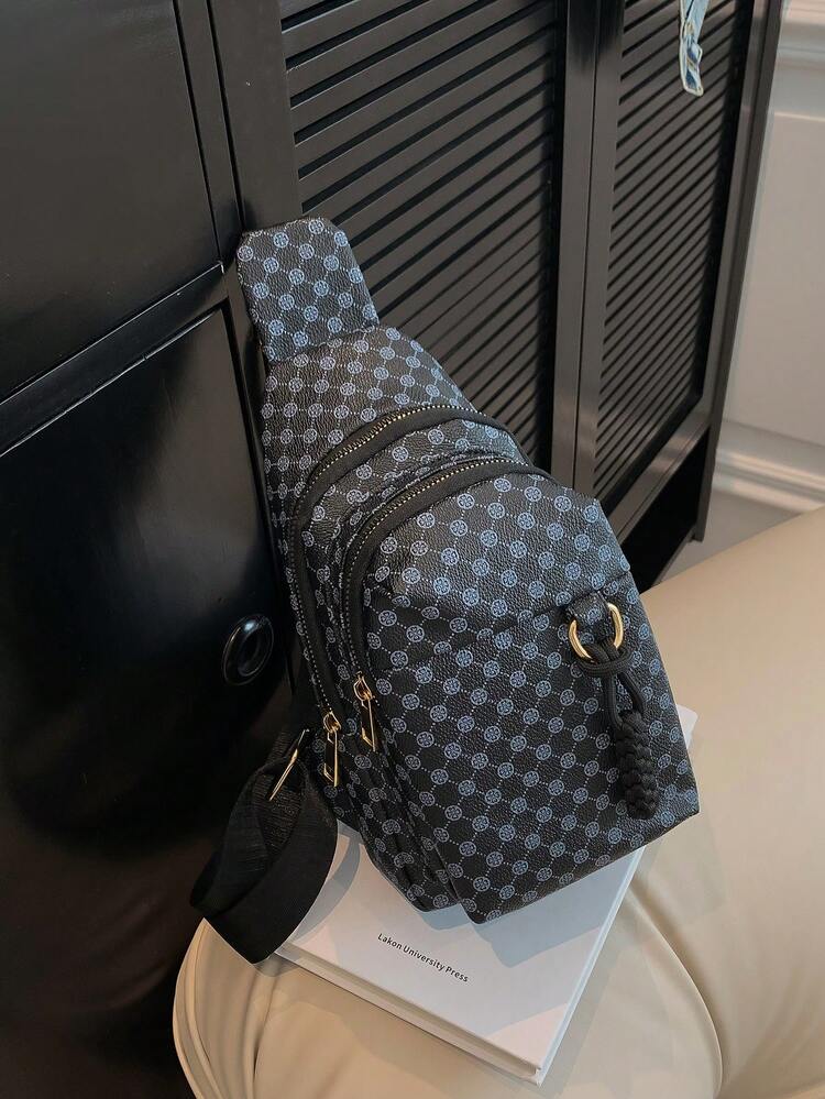 Bolso bandolera mini trébol patrón cremallera con tira ajustable elegante PU - Negro - Añade 5