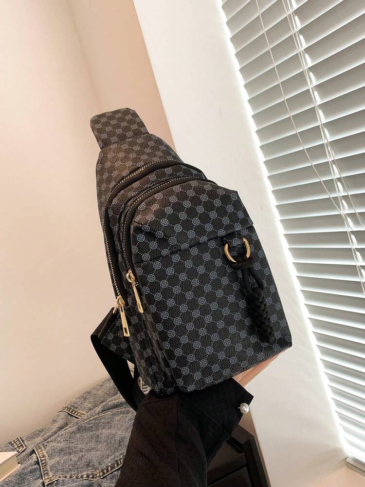 Bolso bandolera mini trébol patrón cremallera con tira ajustable elegante PU - Negro - Añade 6