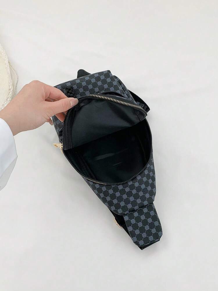 Bolso bandolera mini trébol patrón cremallera con tira ajustable elegante PU - Negro - Añade 8