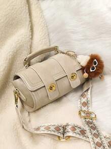 Bolso cartera mini con tira ajustable con accesorio con solapa vintage PU - Beis - Ver 2