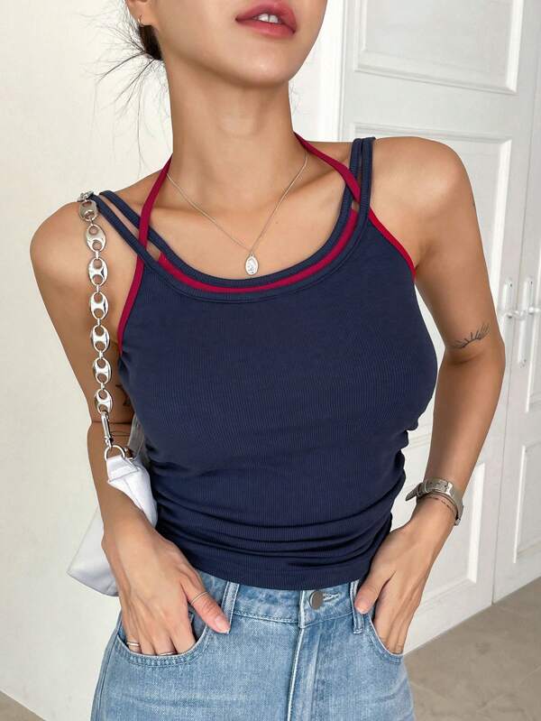 DAZY Contrast Binding Ruched Tank Top Summer