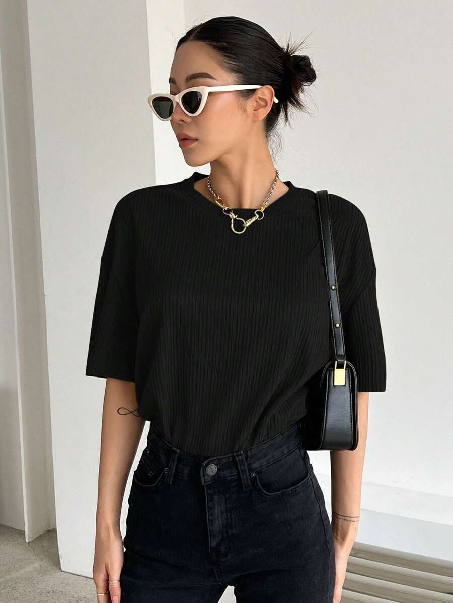 DAZY Chất rắn Thả vai Áo sơ mi - màu đen - Xem 1