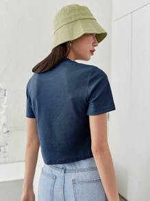 DAZY Solid Ribbed Knit Tee Old Money Style,Crop Tops Women Business Casual Woman Work Clothes - Blue - View 2