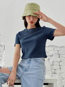 DAZY Solid Ribbed Knit Tee Old Money Style,Crop Tops Women Business Casual Woman Work Clothes - Blue - View 3