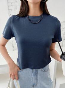 DAZY Solid Ribbed Knit Tee Old Money Style,Crop Tops Women Business Casual Woman Work Clothes - Blue - View 4