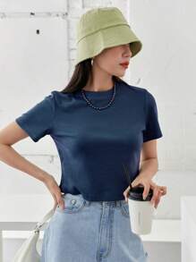 DAZY Solid Ribbed Knit Tee Old Money Style,Crop Tops Women Business Casual Woman Work Clothes - Blue - View 5