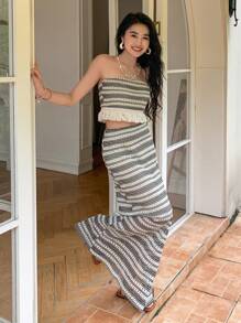 DAZY 条纹流苏下摆抹胸和美人鱼下摆裙，荷叶边，女士两件套