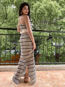 DAZY 条纹流苏下摆抹胸和美人鱼下摆裙，荷叶边，女士两件套