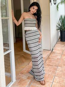 DAZY 条纹流苏下摆抹胸和美人鱼下摆裙，荷叶边，女士两件套