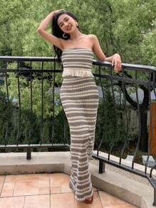 DAZY 条纹流苏下摆抹胸和美人鱼下摆裙，荷叶边，女士两件套