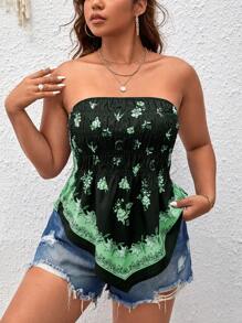 SHEIN Essnce Plus Floral Print Hanky Hem Tube Top - Green - View 1