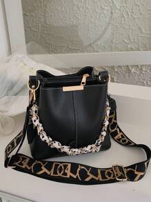 蝴蝶結裝飾鏈條裝飾圓桶袋小絲巾裝飾 - 黑色 - 查看 1