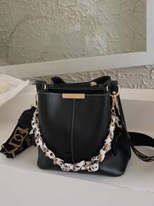 蝴蝶結裝飾鏈條裝飾圓桶袋小絲巾裝飾 - 黑色 - 查看 4