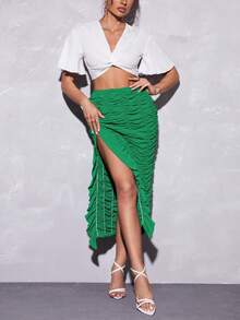 SHEIN Privé Váy nữ Bất đối xứng Xù Viên lá sen màu trơn Thanh lịch - màu xanh lá - Xem 5