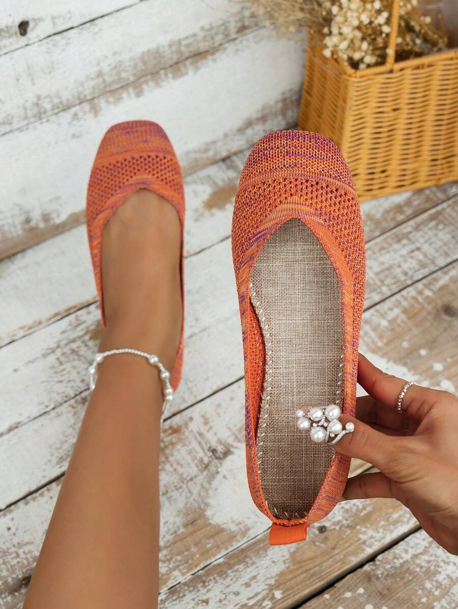 Giày bệt ba lê thời trang dành cho nữ, Chi tiết đan mũi vuông Colorblock Giày bệt xỏ ngón - trái cam - Xem 1