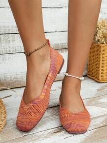 Giày bệt ba lê thời trang dành cho nữ, Chi tiết đan mũi vuông Colorblock Giày bệt xỏ ngón - trái cam - Xem 2